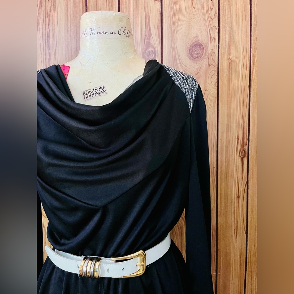 VTG 1970s Black +Silver Peplum Dress